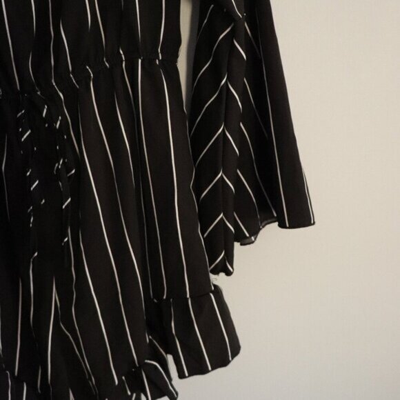 Emery Women's M Black Striped Bell Sleeve Off-the-Shoulder Flare Romper Shorts - Picture 8 of 12